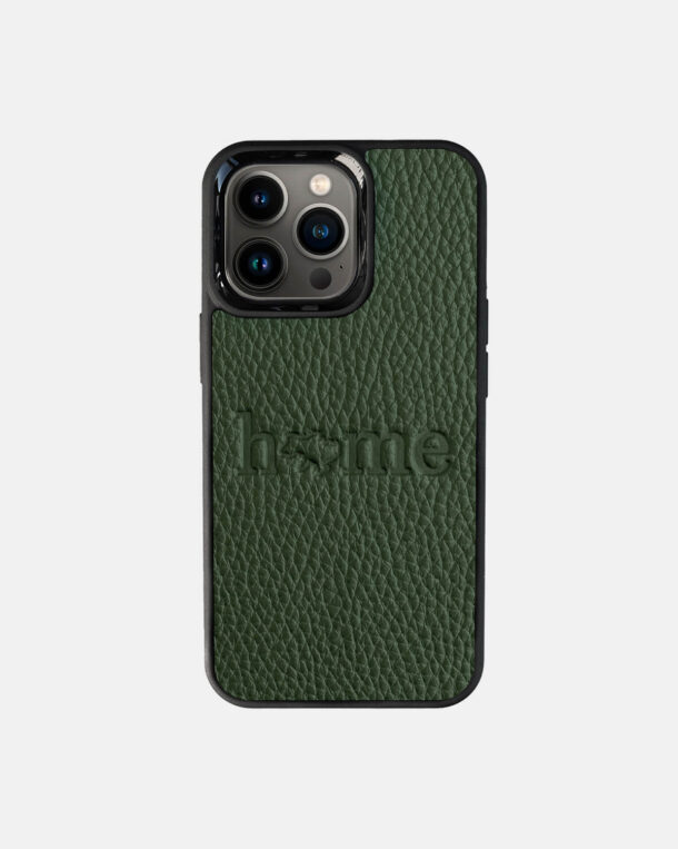 Case made of dark green skin floatar іz embossed HOME for iPhone