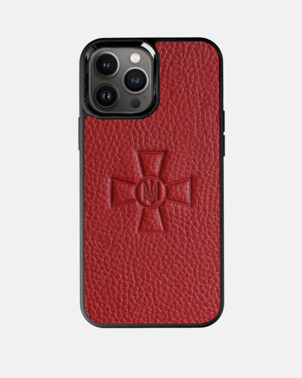 Чехол из красной кожи флотарь с тиснением герба ВСУ для iPhone