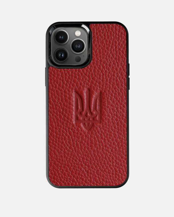 Case made of red shkіri floatar іz embossed coat of arms of Ukraine for iPhone