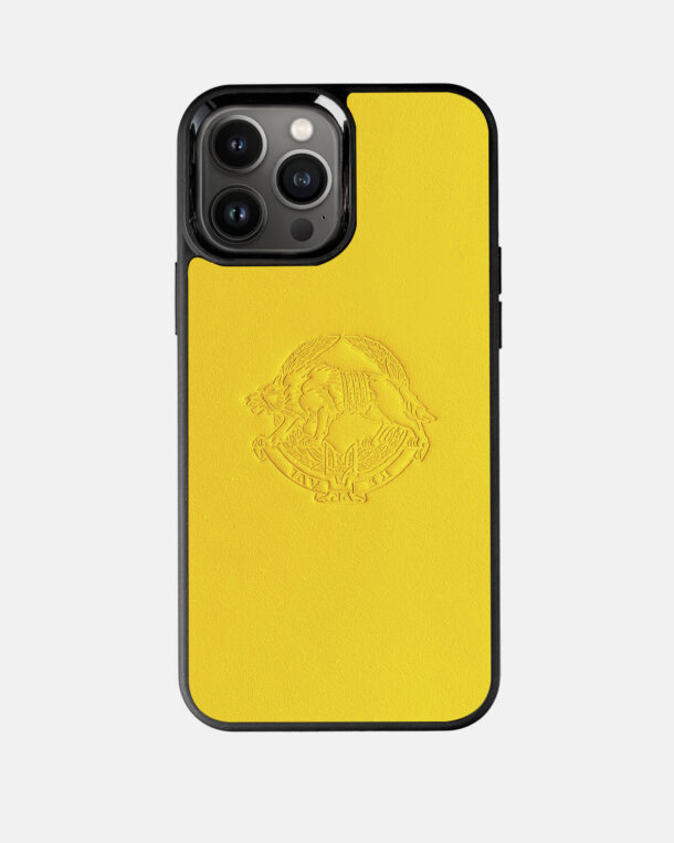 Чехол из желтой телячьей кожи с тиснением эмблемы ССО ВСУ для iPhone