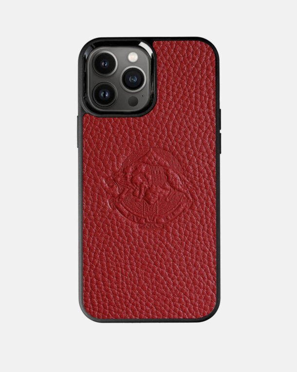 Чохол із червоної шкіри флотар із тисненням емблеми СЗГ ЗСУ для iPhone