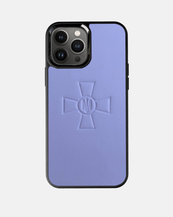 Case made of lilac calfskin with embossed coat of arms ZSU for iPhone
