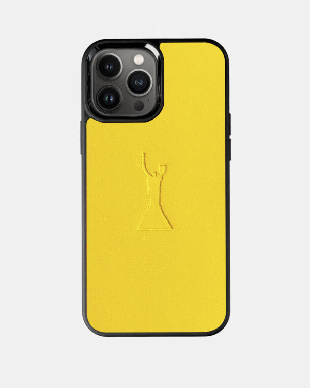 Case made of yellow calfskin with embossing Batkivshchyna Mati for iPhone