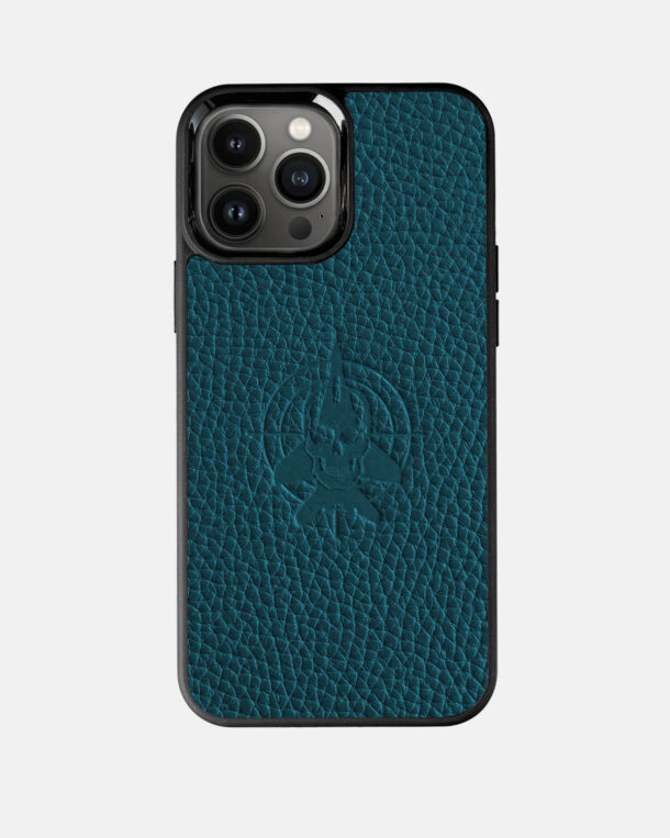 Cover made of turquoise flotaar leather with "Ghost of Kyiv" embossing for iPhone