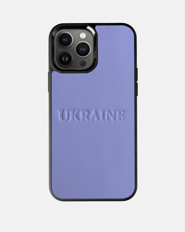 Case made of lilac calfskin with embossed UKRAINE for iPhone