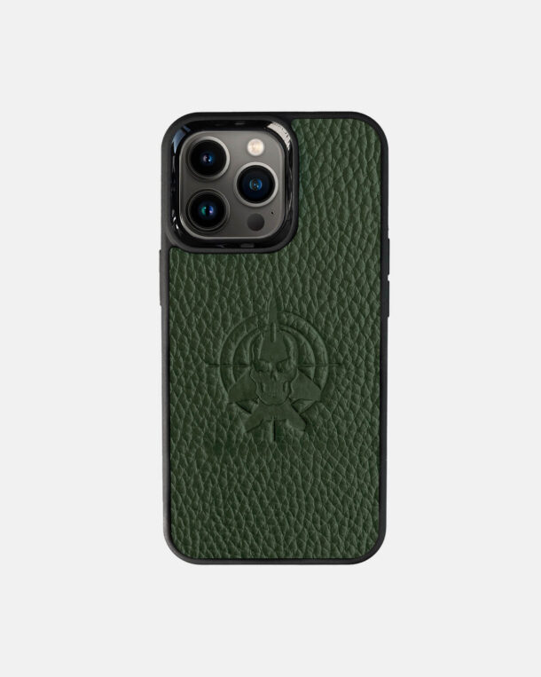 Case made of dark green flotaar leather with "Ghost of Kyiv" embossing for iPhone