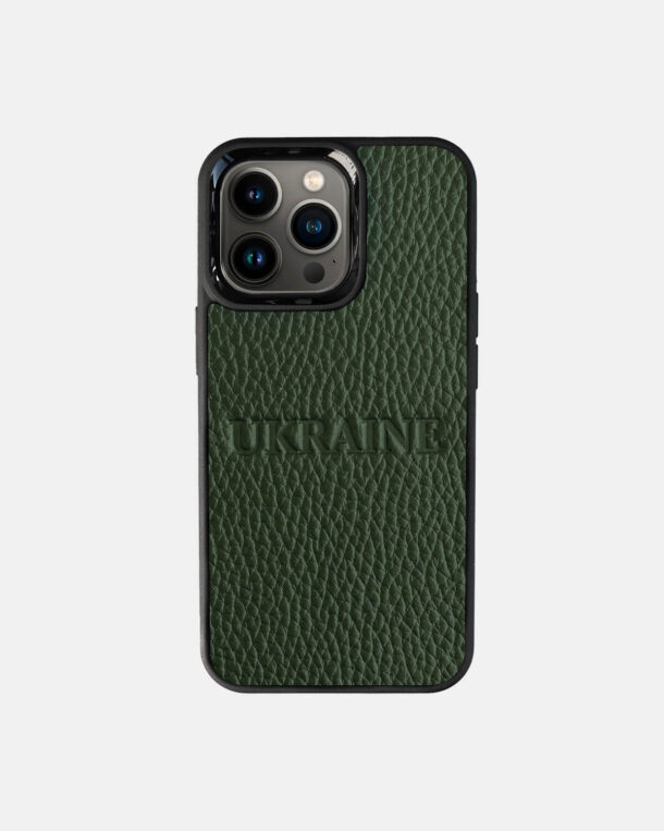 Чехол из темно-зеленой кожи флотарий с тиснением UKRAINE для iPhone