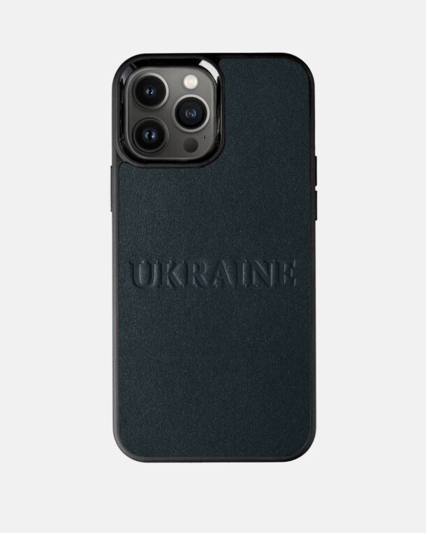 Чохол із темно-синьої телячої шкіри з тисненням UKRAINE для iPhone