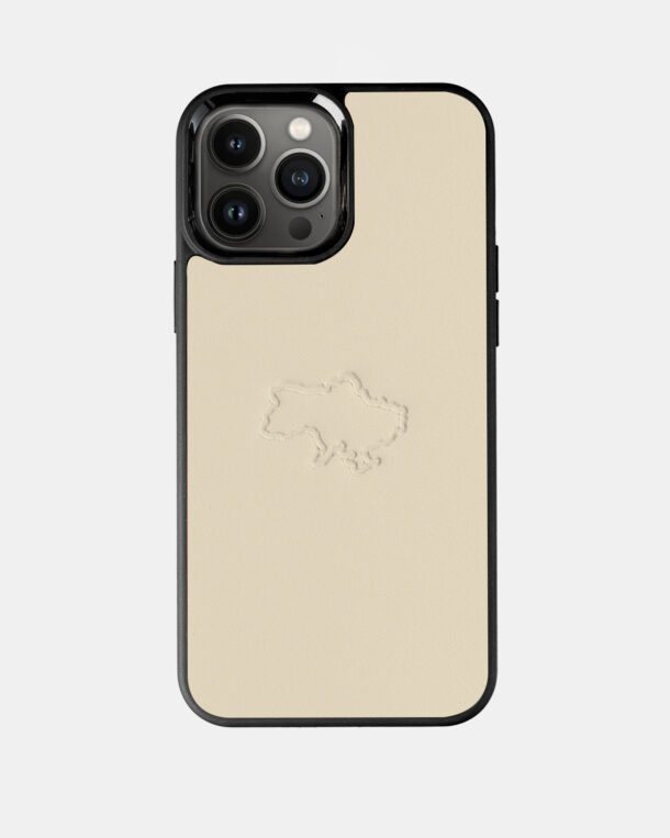 Case made of beige calfskin with embossed contour of the map of Ukraine for iPhone