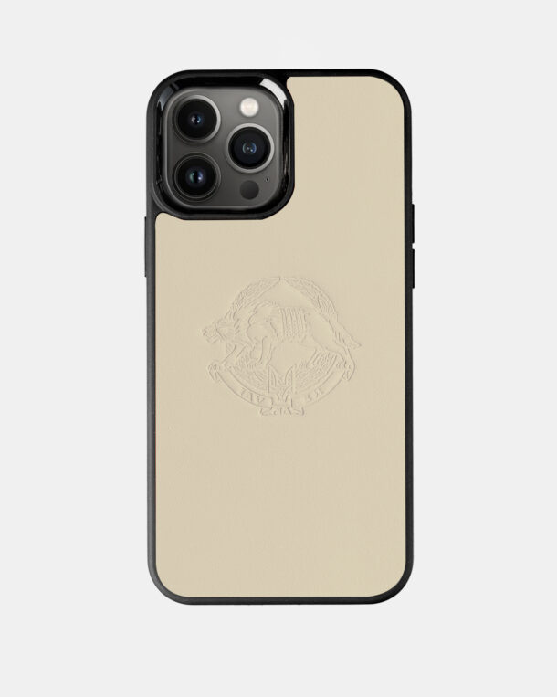 Case with beige calfskin coat with embossed SZG ZSU logo for iPhone