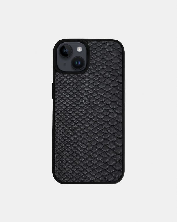 Case made of black python skins with small stripes for iPhone 14