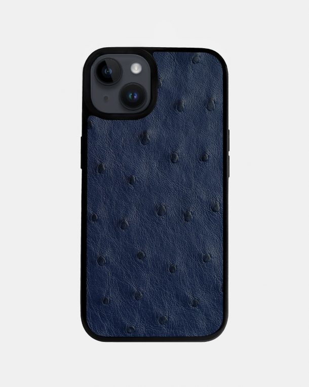 iPhone 14 Plus case made of dark blue ostrich skin with follicles