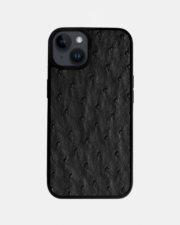 Чохол із чорної шкіри страуса з фолікулами для iPhone 14 Plus