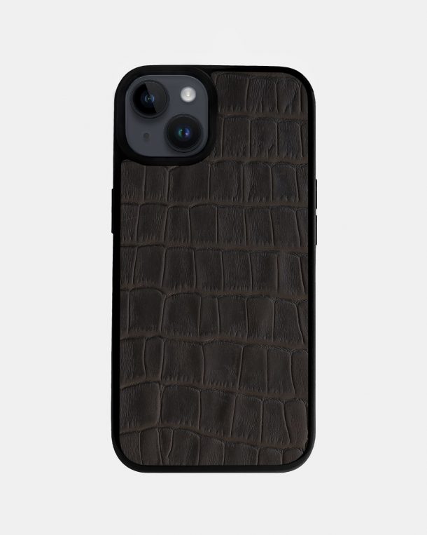 Чохол із темно-коричневого тиснення під крокодила на телячій шкірі для iPhone 14 Plus