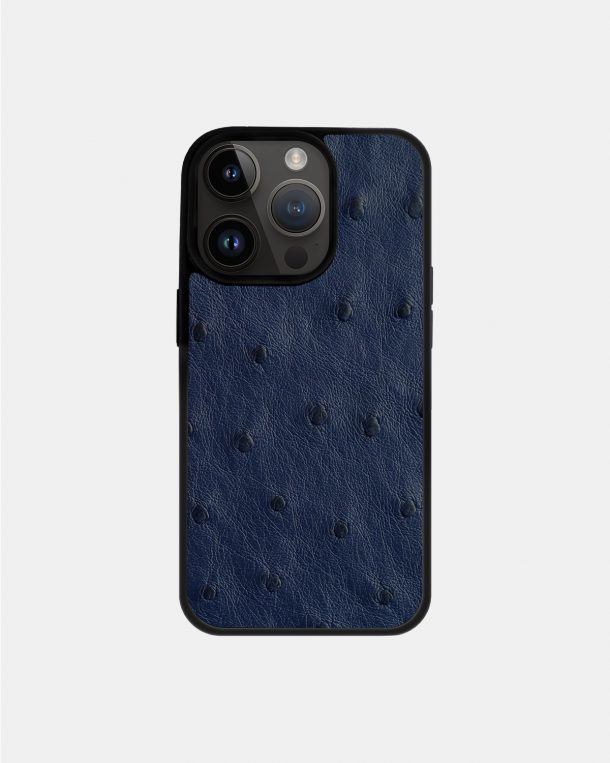 iPhone 14 Pro case made of dark blue ostrich skin with follicles