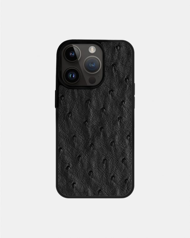 Чохол із чорної шкіри страуса з фолікулами для iPhone 14 Pro