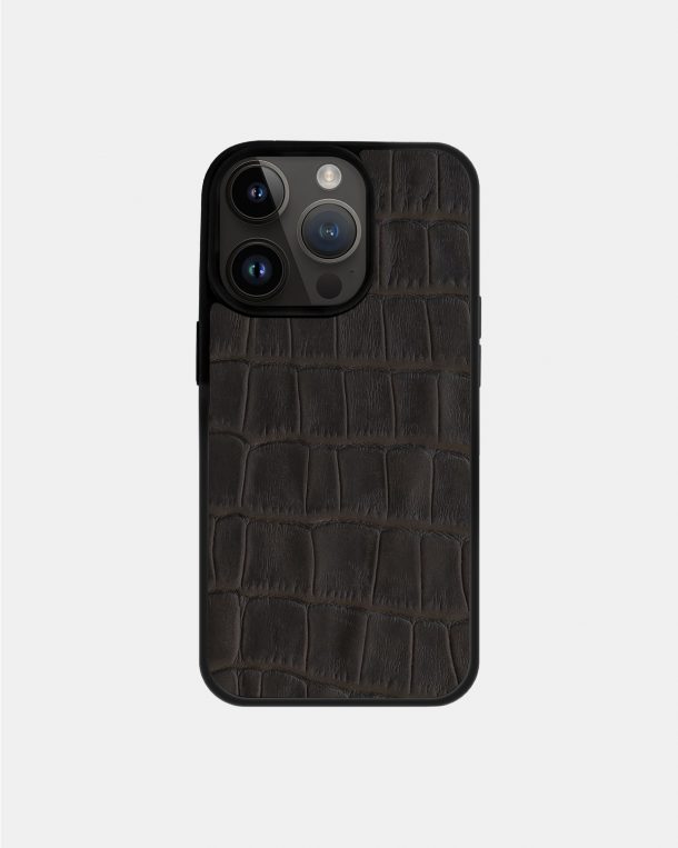 Чохол із темно-коричневого тиснення під крокодила на телячій шкірі для iPhone 14 Pro