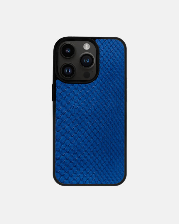 Case made of blue python skins with fine stripes for iPhone 14 Pro