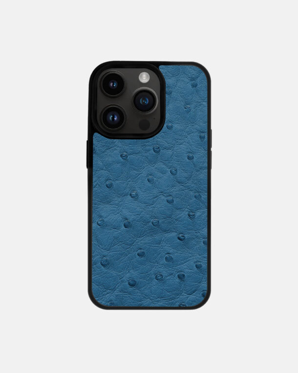 Чехол из голубой кожи страуса с фолликулами для iPhone 14 Pro с MagSafe