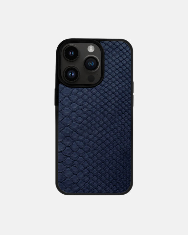 Case made of navy blue python skin with fine stripes for iPhone 14 Pro