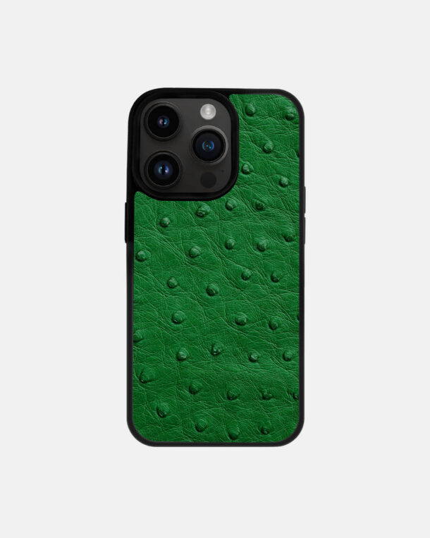 Чехол из зеленой кожи страуса с фолликулами для iPhone 14 Pro