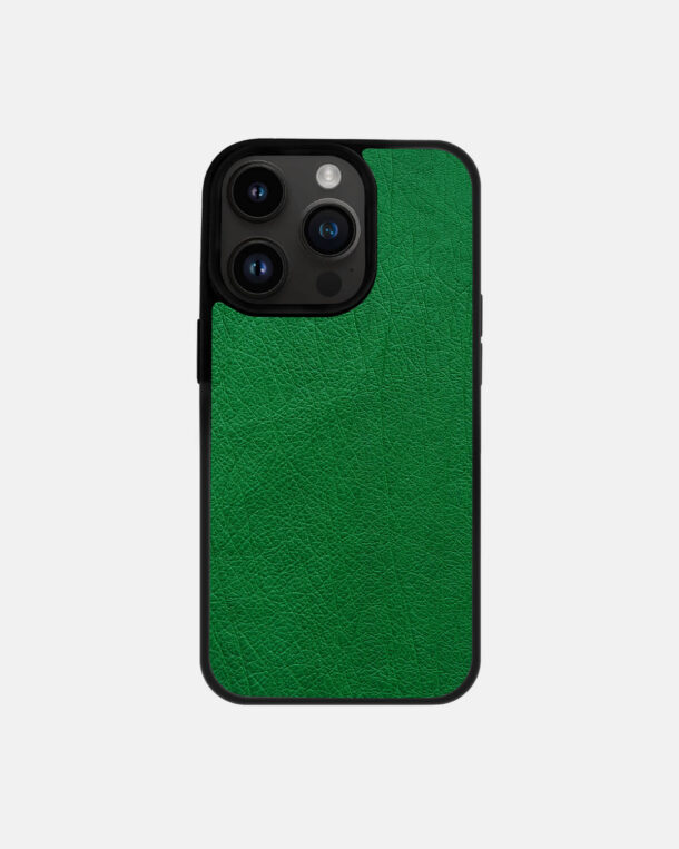 Case made of green ostrich skin without follicles for iPhone 14 Pro
