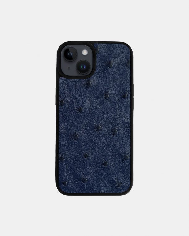 iPhone 14 case made of dark blue ostrich skin with follicles