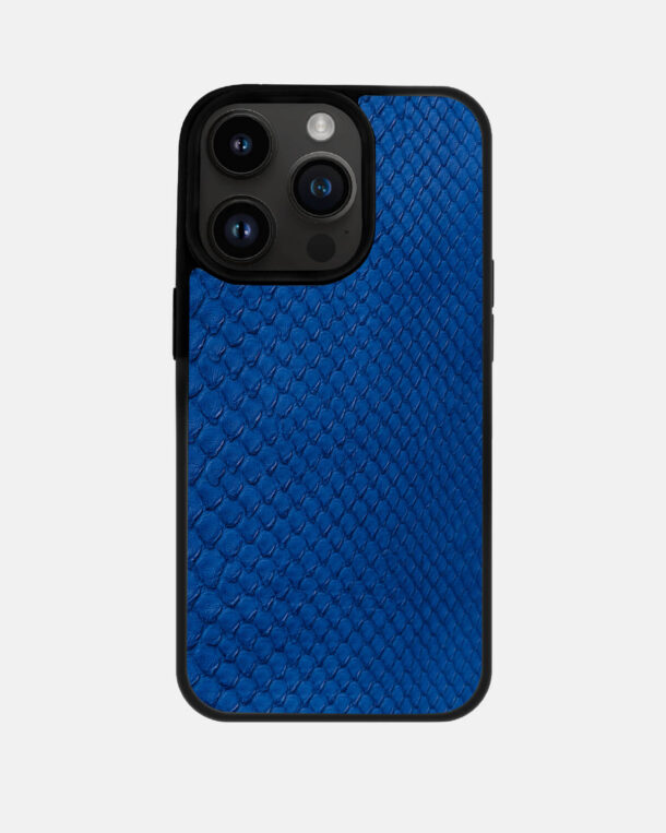 Case made of blue python skins with fine stripes for iPhone 14 Pro Max