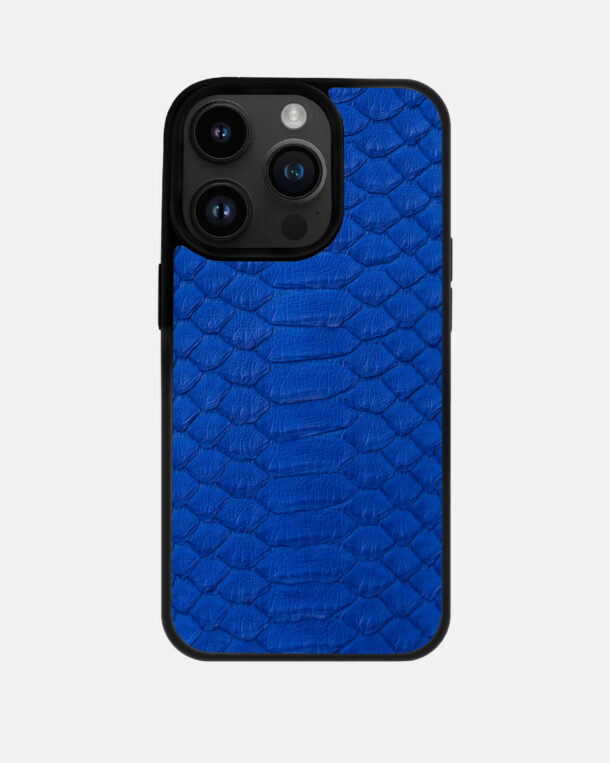 Case made of blue python skin with wide stripes for iPhone 14 Pro Max