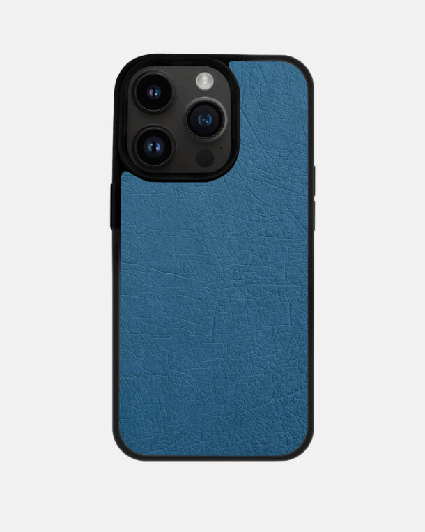 Чехол из голубой кожи страуса без фолликул для iPhone 14 Pro Max
