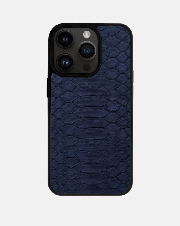 Case made of dark blue python skin with wide stripes for iPhone 14 Pro Max