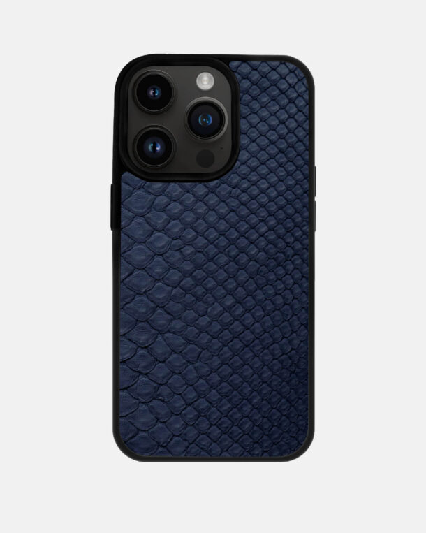 Case made of navy blue python skin with frilly stripes for iPhone 14 Pro Max