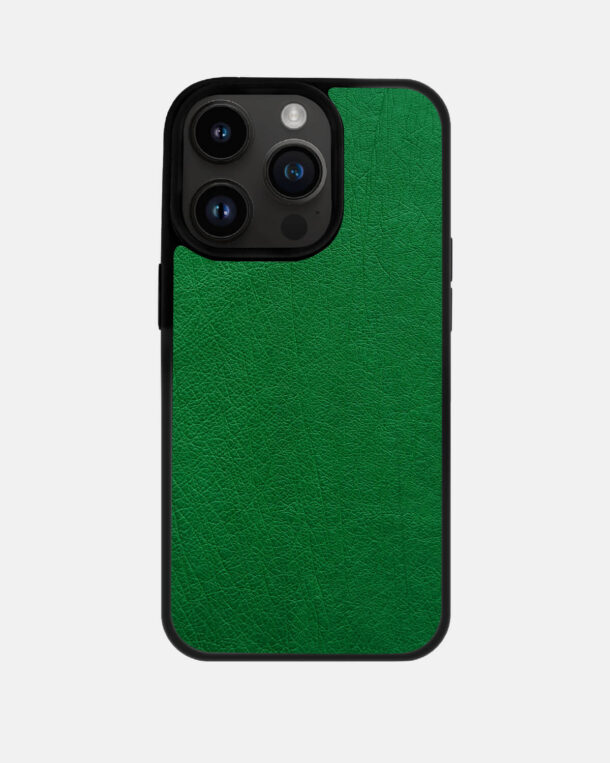 Чехол из зеленой кожи страуса без фолликул для iPhone 14 Pro Max