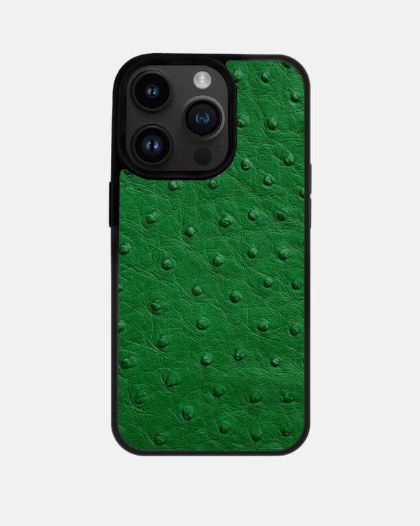 Чехол из зеленой кожи страуса с фолликулами для iPhone 14 Pro Max
