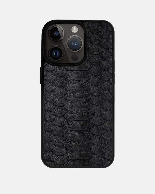 Case made of black python skin with wide stripes for iPhone 14 Pro Max