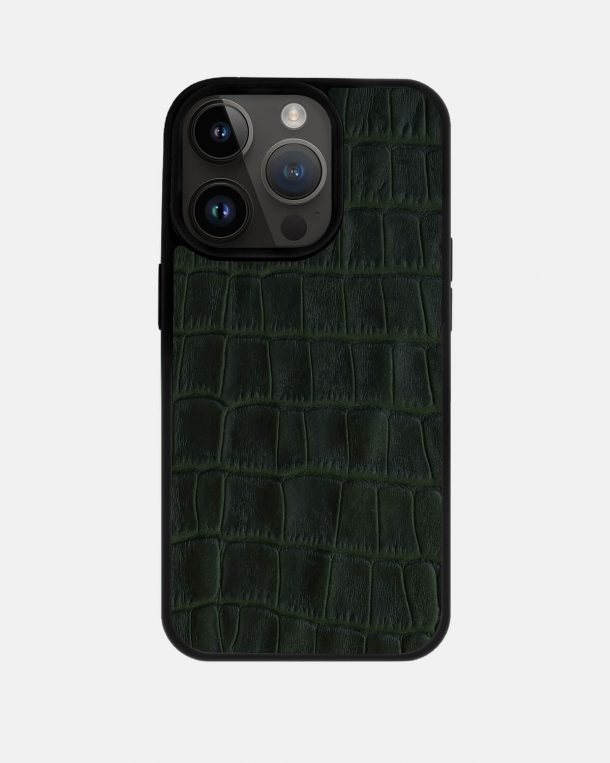 Чохол із темно-зеленого тиснення під крокодила на телячій шкірі для iPhone 14 Pro Max