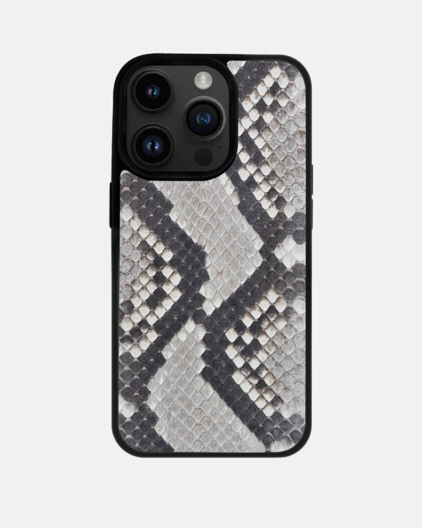 Case made of black and white python skins with small stripes for iPhone 14 Pro Max