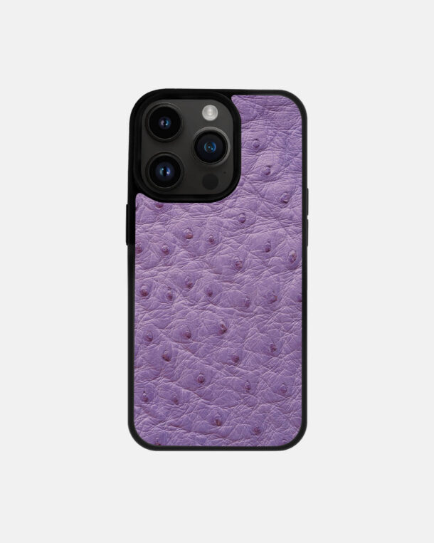 Case made of purple ostrich skin with follicles for iPhone 14 Pro