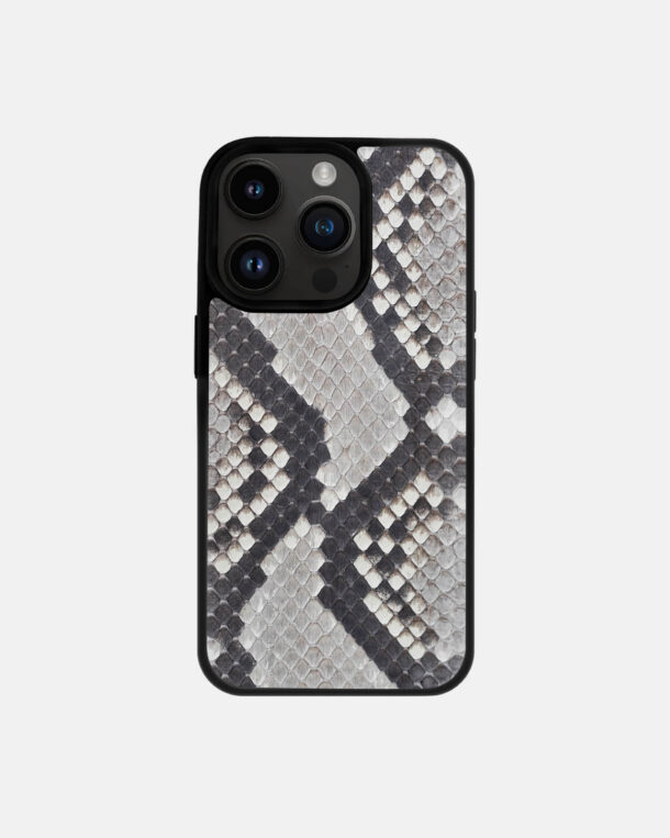 Case made of black and white python skins with small stripes for iPhone 14 Pro