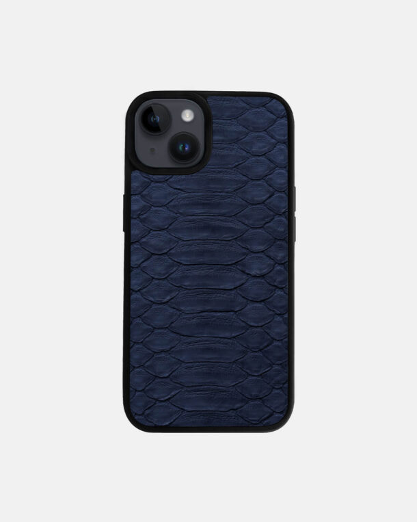 Case made of dark blue python skin with wide stripes for iPhone 14