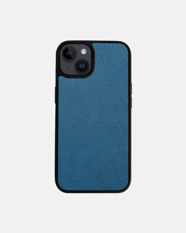 Чехол из голубой кожи страуса без фолликул для iPhone 14
