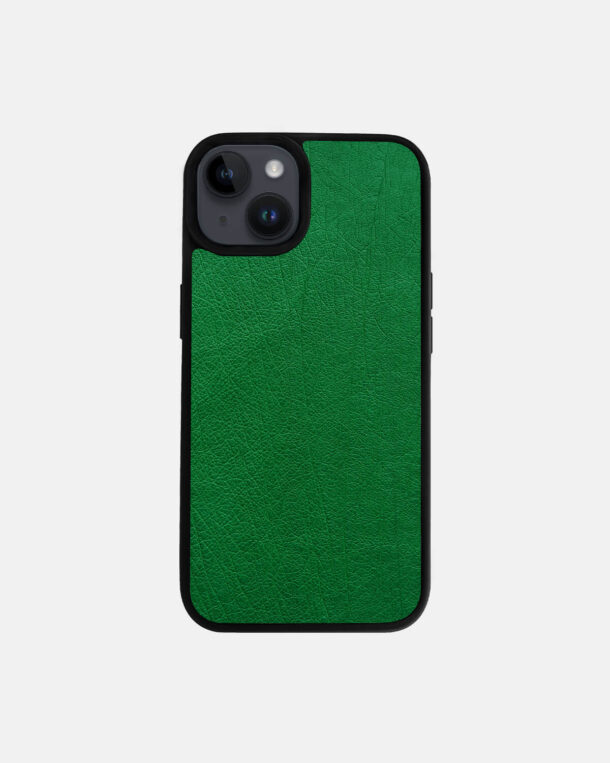 Case made of green ostrich skin without follicles for iPhone 14