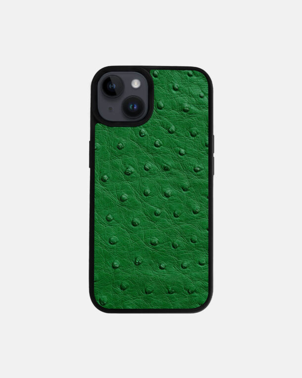 Case made of green ostrich skin with follicles for iPhone 14