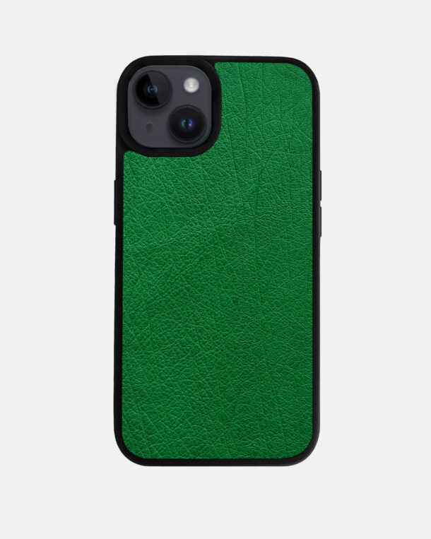 Case made of green ostrich skin without follicles for iPhone 14 Plus