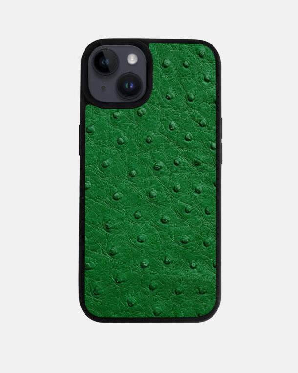 Case made of green ostrich skin with follicles for iPhone 14 Plus