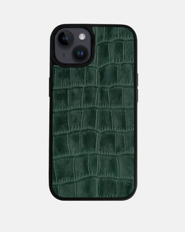 Чохол із темно-зеленого тиснення під крокодила на телячій шкірі для iPhone 14 Plus