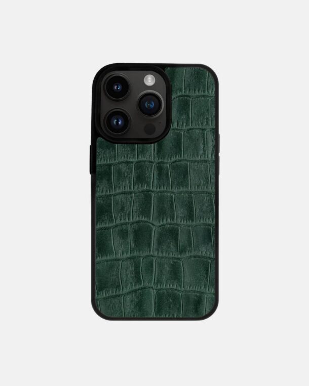 Чохол із темно-зеленого тиснення під крокодила на телячій шкірі для iPhone 14 Pro