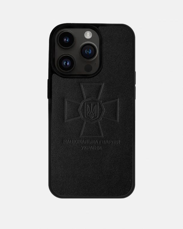 Case made of calf leather with the emblem of the National Guard of Ukraine embossed for iPhone
