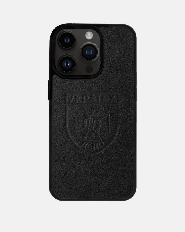Case made of calfskin with an embossed emblem of the Ukrainian National Emergency Service for iPhone
