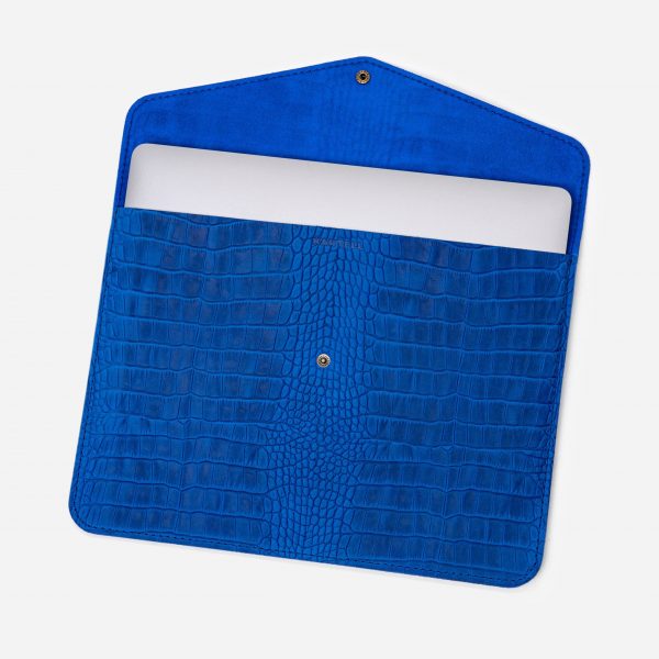 price for Laptop cover made of calf leather embossed with a crocodile pattern in blue color